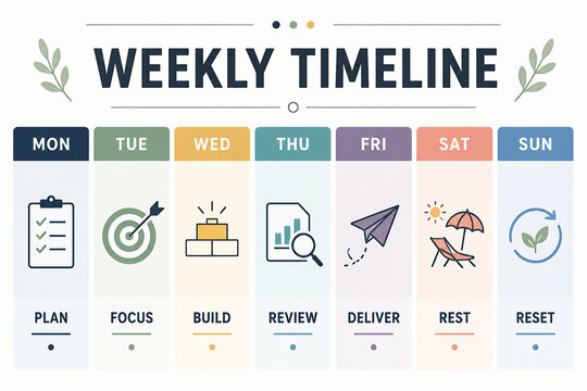 A graphic displays a weekly timeline with days from Monday to Sunday, each labeled with an action like Plan, Focus, Build, Review, Deliver, Rest, and Reset.