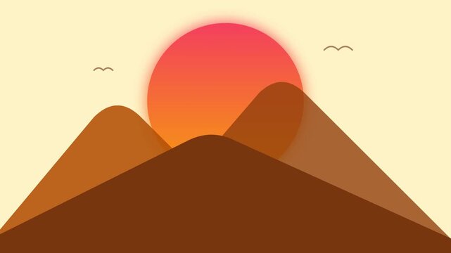 Animated minimalist flat design stylized sunrise over layered mountain range