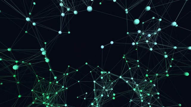 Abstract 4K UHD loop featuring a glowing neon cyan neural network of torus nodes firing and connecting in a seamless plexus with an elegant inner glow.