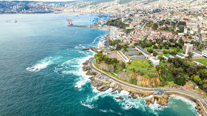 Fototapeta premium Valparaiso, Chile. Aerial view of the beach, harbor, coastline. Aerial view.