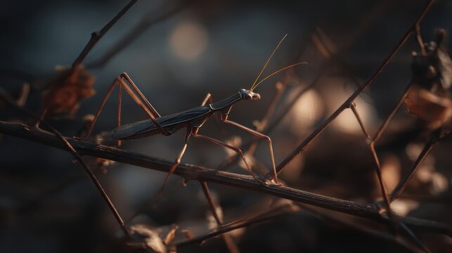 A Praying Mantis perfectly camouflaged against dry branches in a natural woodland setting, showcasing its remarkable adaptation for survival.