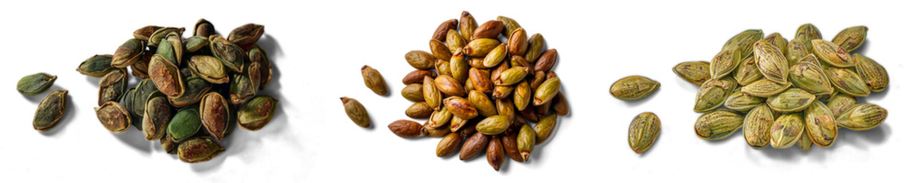 Fresh Assorted Seeds and Spices Collection Featuring Shelled Pistachio Kernels, Terminalia Mantaly and Dried Terminalia Chebula Isolated on White Background &ndash; Realistic Premium PNG Set.