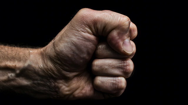 Detailed close-up of a powerful clenched human fist isolated on a black background, symbolizing strength, determination, power, anger, protest, and successful achievement.