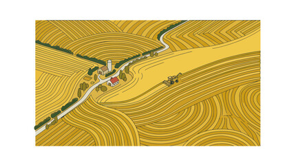 Obraz premium Aerial view of golden wheat harvest with a combine harvester