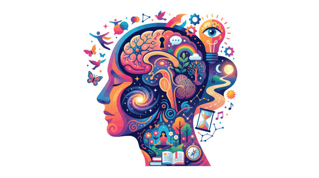 Abstract human mind profile with symbols of creativity and psychology