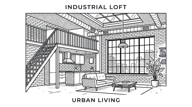 Modern industrial loft apartment with mezzanine and kitchen area