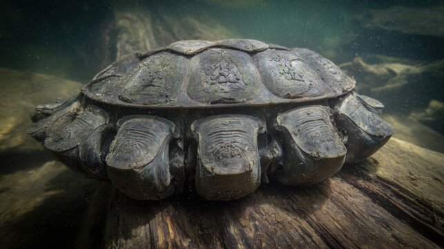 Close-up of a Tortoise's Segmented Shell and Armored Abdominal Plates on a Textured Log