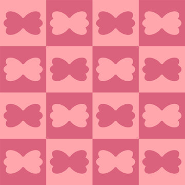 Seamless pink butterfly pattern with geometric checkerboard layout. Minimal flat vector background in pastel tones, repeating decorative design for textile, wallpaper, wrapping paper and fabric.