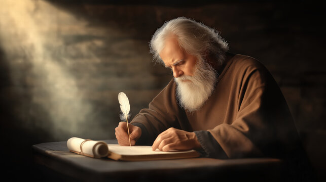 Elderly apostle with white beard in brown robe writing scripture with feather quill in quiet study
