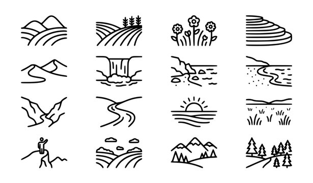Minimalist Countryside Rural Landscape and Wilderness Biome Line Icon Set Featuring Agriculture Fields Mountains Valleys and Scenic Nature Horizons