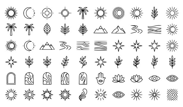 Mega Boho Mystical and Celestial Line Art Icon Bundle Featuring Sun Symbols Moon Stars Botanical Leaves Palm Trees Mountains and Spiritual Evil Eye Badges
