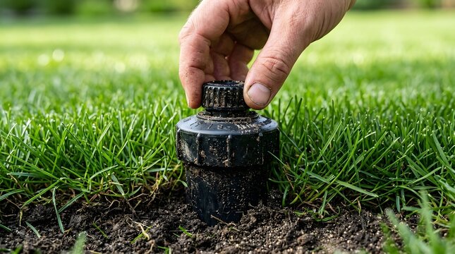 Close up view of gardener inspecting sprinkler nozzle on grass lawn