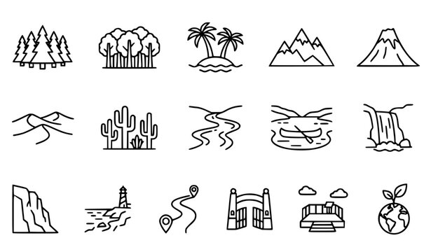 Natural Landscape and Wilderness Tourism Line Icon Set Featuring Mountains Forests Desert Canyons Rivers and Eco Conservation Destination Vector