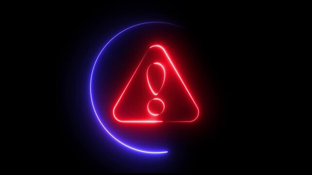 Glowing neon red and blue color warning attention sign icon animation danger risk alert error stop signal emergency hazard problem issue sign symbol on black background	