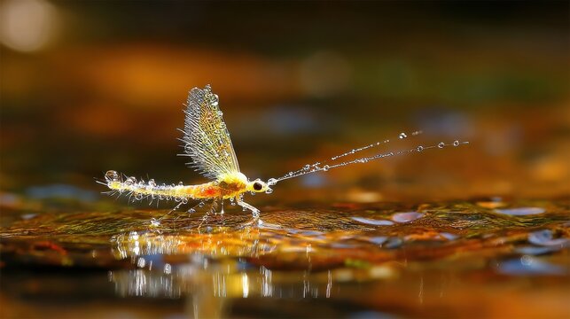 Delicate Caddisfly Insect Emerging from Water with Numerous Sparkling Droplets on its Wings and Body