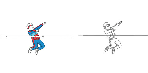 Fototapeta premium Boy High Jumping Athletics Competition Illustration Vector Set, Young Athlete in Tracksuit Jumping Over Bar, Line Art and Colored Sports Day Graphic for Physical Education