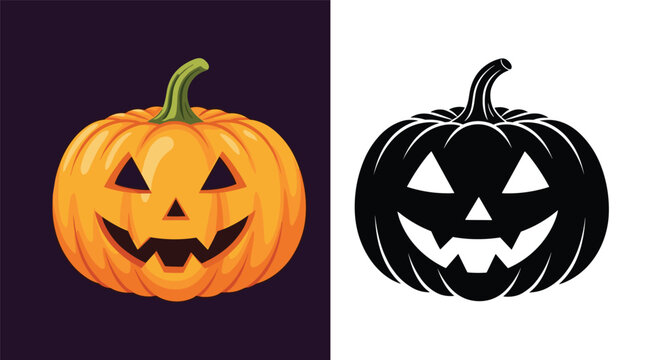 Pair of spooky Halloween jack-o-lantern pumpkins in color and black silhouette, featuring classic carved faces for festive holiday decor.