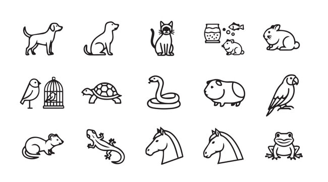 Clean Outline Icons of Various Domestic Animals and Pets on White Background Vector