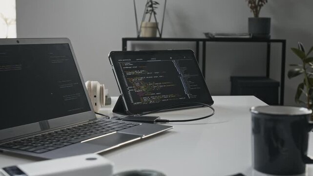 Laptop and tablet displaying programming code sitting on office desk. Workspace setup representing software development, IT education, or remote engineering work