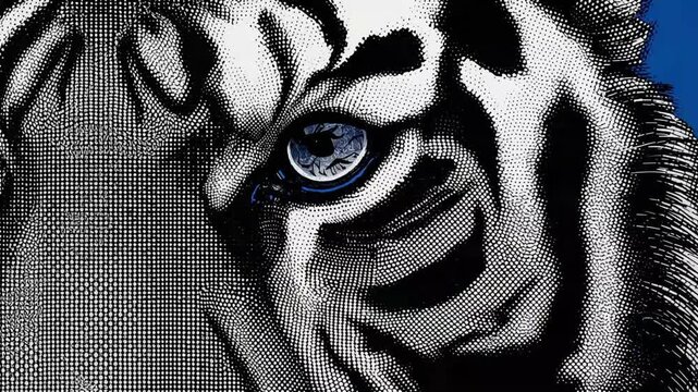 Tiger eye macro motion video showing intense predatory gaze with stylized halftone patterns and vibrant blue iris light animation