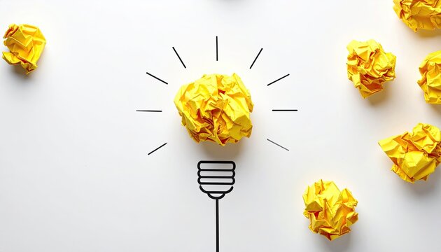 Creative Idea Concept - Light Bulb Made of Crumpled Yellow Paper with Rays.