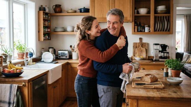 Happy woman hugging a man in a cozy kitchen