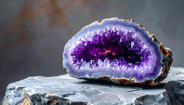 Deep purple amethyst geode crystal slice resting on a dark slate stone surface