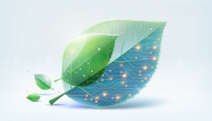 Obraz premium Green Technology Concept with Leaves and Circuit Patterns for Environmental Innovation and Sustainable Solutions