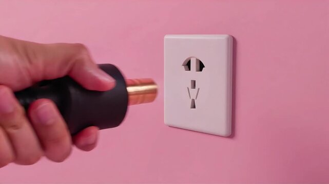 Power plug connecting to wall socket in this high resolution motion video clip showing energy electrical connection lifestyle concept