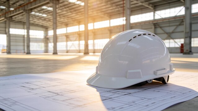 White hard hat on blueprints in warehouse