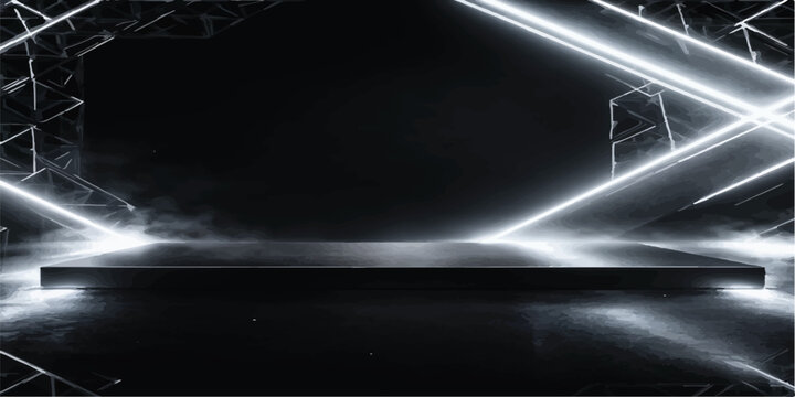 Minimalist display podium with white geometric truss neon lighting platform geometric futuristic abstract background presentation showcase atmosphere lighting structures commercial