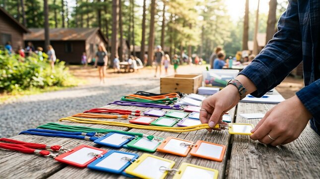 Camp counselor preparing colorful lanyards and name tags for children at a summer camp registration table