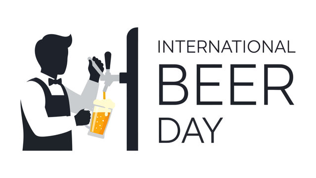 International Beer Day Celebration: A stylized bartender pours a golden lager from a tap, celebrating International Beer Day with a frothy pint.