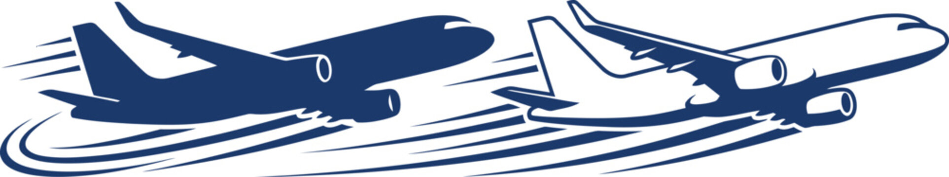 Two stylish airplanes flying side by side in blue and dark blue vector illustration