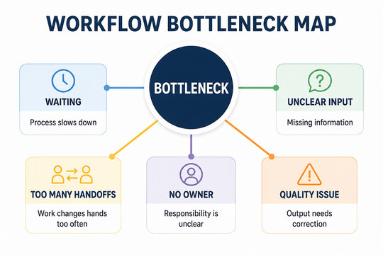 A workflow bottleneck map illustrates various causes of process slowdown, such as waiting, unclear input, too many handoffs, no owner, and quality issues.