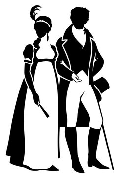 Vector silhouette of Regency couple in 19th‑century attire, woman in empire‑waist gown with fan, man in tailcoat holding top hat and cane. Minimalist design symbolizing history, fashion, and classic e