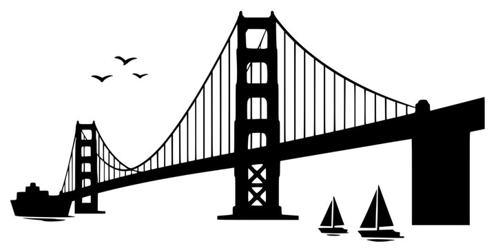 Vector silhouette of suspension bridge with sailboats and ship below, birds above. Minimalist design symbolizing architecture, travel, and maritime scenery.