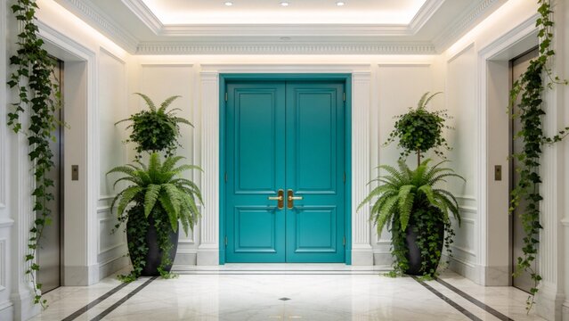 Elegant interior with blue doors and plants