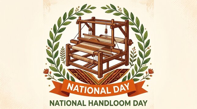 National handloom day celebration with traditional loom and laurel wreath