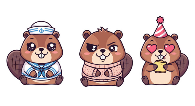 Cute cartoon beavers in various adorable costumes and expressions.