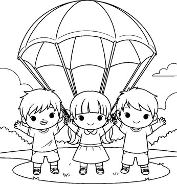 Three happy children playing under a parachute outdoors.