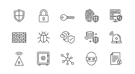 Cybersecurity icons with shield lock key fingerprint firewall bug cloud safe and alarm for data protection © Tanvir