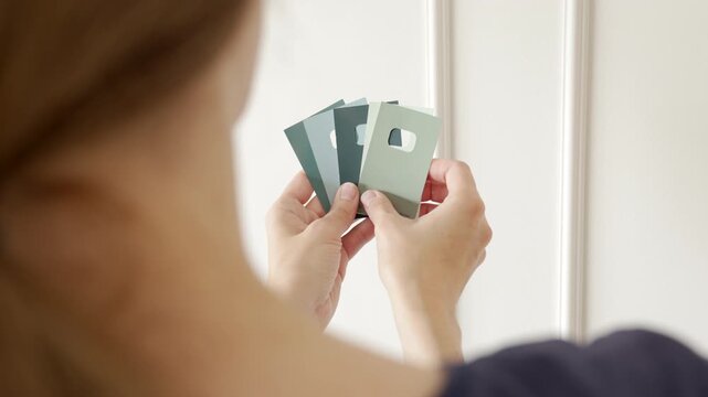Woman compares green paint samples against a white wall while choosing a wall color. Concept of renovation interior design and decorating.