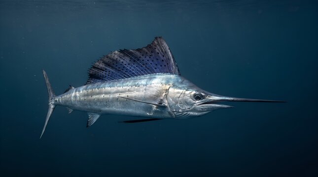 A beautiful sailfish swimming in the deep blue ocean water.
