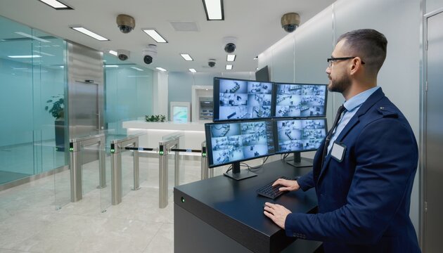 Modern Security Personnel Monitoring Multiple Surveillance Screens in High-Tech Office Environment