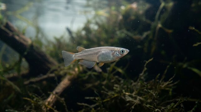 A beautiful zebra danio fish swimming in a planted aquarium.
