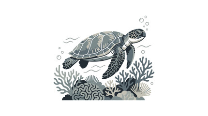 Sea turtle swimming over coral reef underwater illustration. © crowelov branding