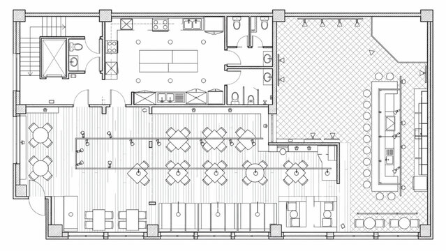 CAD Drawing of Modern Coffee Cafe Floor Plan Top View with Designer Flooring Lighting System and Furniture Layout