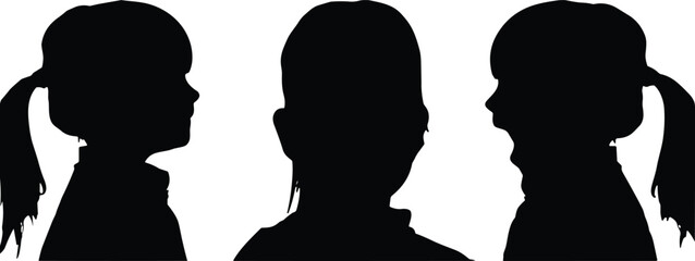 Young Girl Silhouette Portrait Collection Featuring Front and Side Profiles with Ponytail Hairstyle Vector Illustration Set © MstRozina