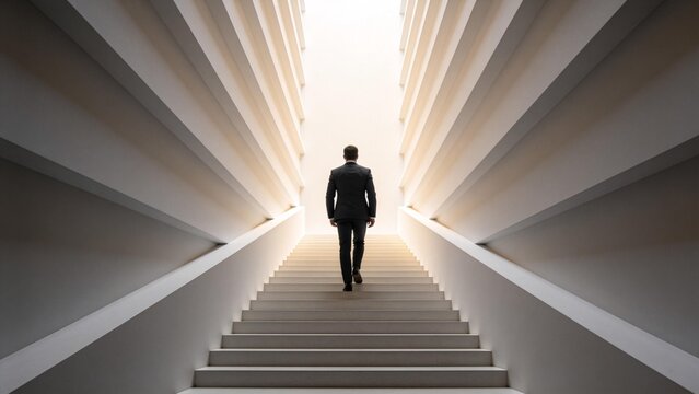 Man in suit ascending staircase